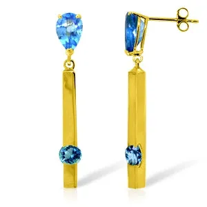 4.25 Carat 14K Solid Yellow Gold Bar Blue Topaz Drop Earrings