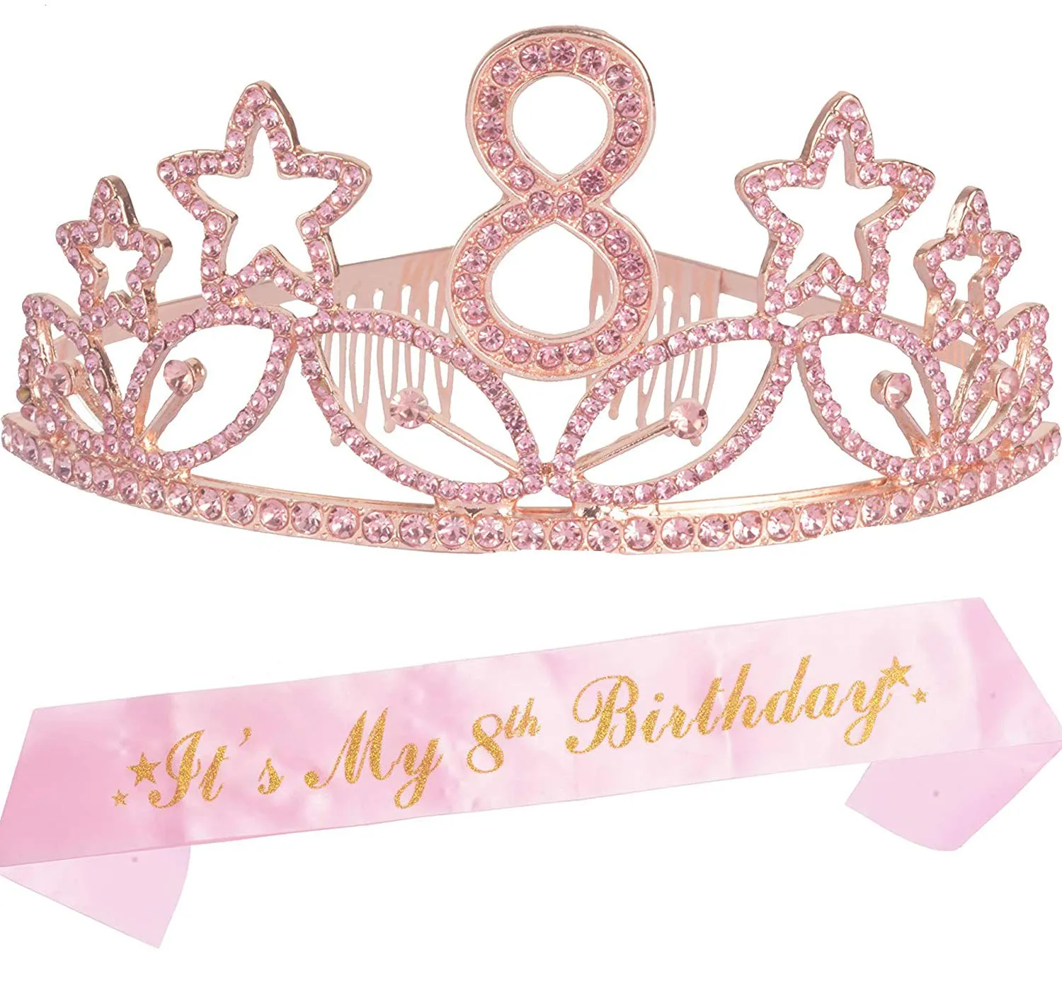 8th Birthday Gifts for Girl, 8th Birthday Tiara and Sash Pink, Happy 8th Birthday Party