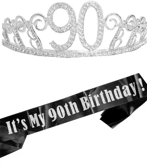 90th Birthday Gifts for Women, 90th Birthday Tiara and Sash Silver, Happy 90th Birthday