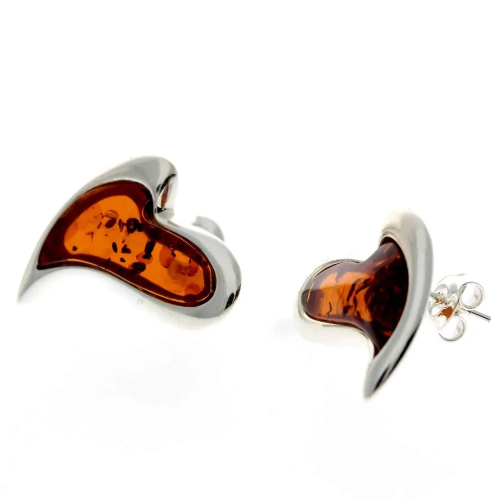 925 Sterling Silver & Baltic Amber Modern Heart Earrings - AC005