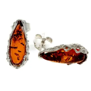 925 Sterling Silver & Baltic Amber Modern Teardrop Studs Earrings - G027