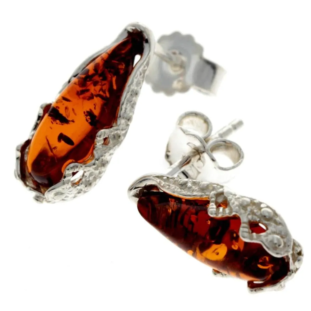 925 Sterling Silver & Baltic Amber Modern Teardrop Studs Earrings - G027