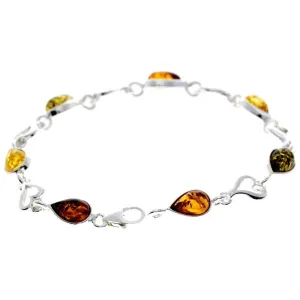 925 Sterling Silver & Genuine Baltic Amber Classic Link Hearts Bracelet - M519