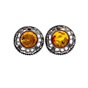 925 Sterling Silver & Genuine Baltic Amber Classic Round Studs Earrings - 8438