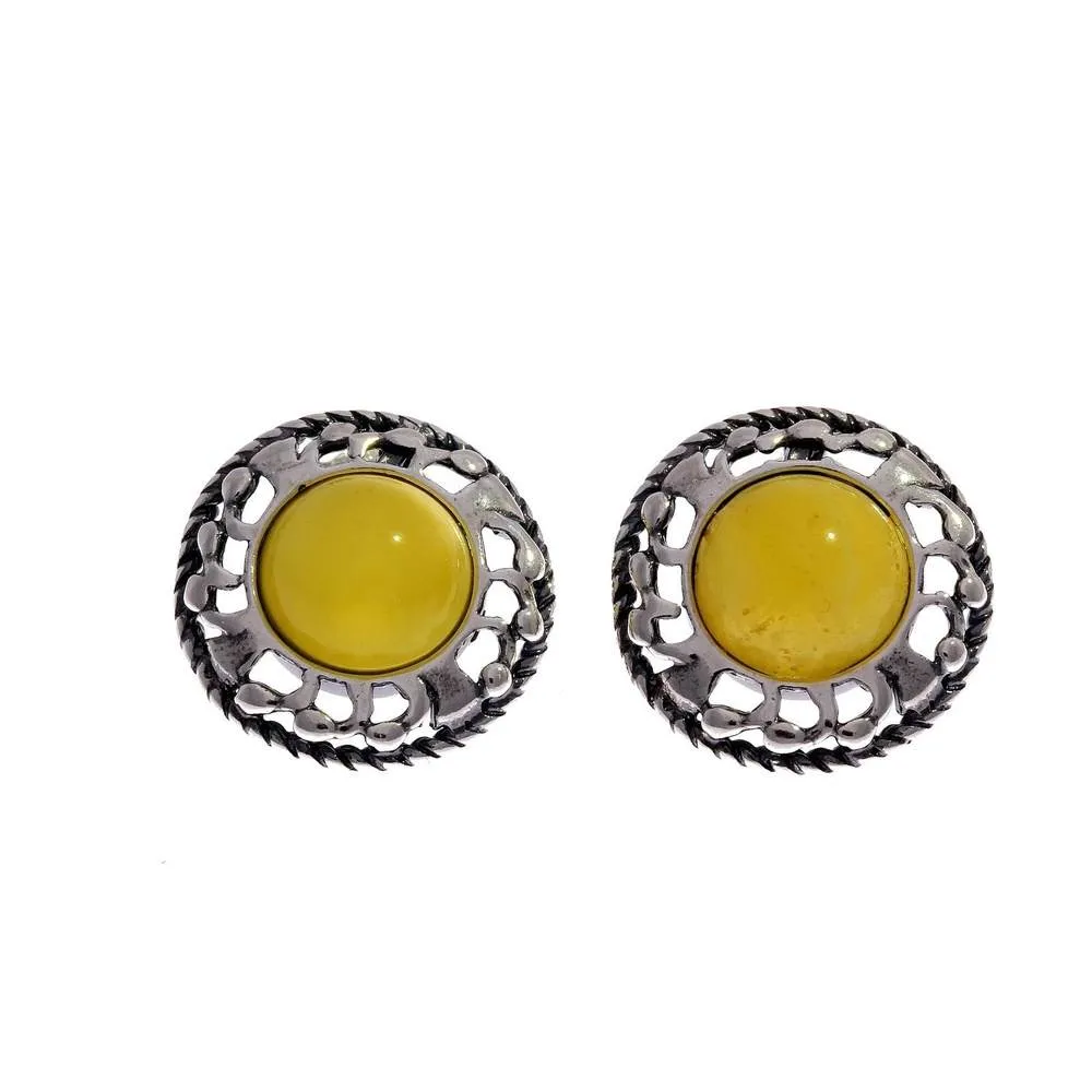 925 Sterling Silver & Genuine Baltic Amber Classic Round Studs Earrings - 8438