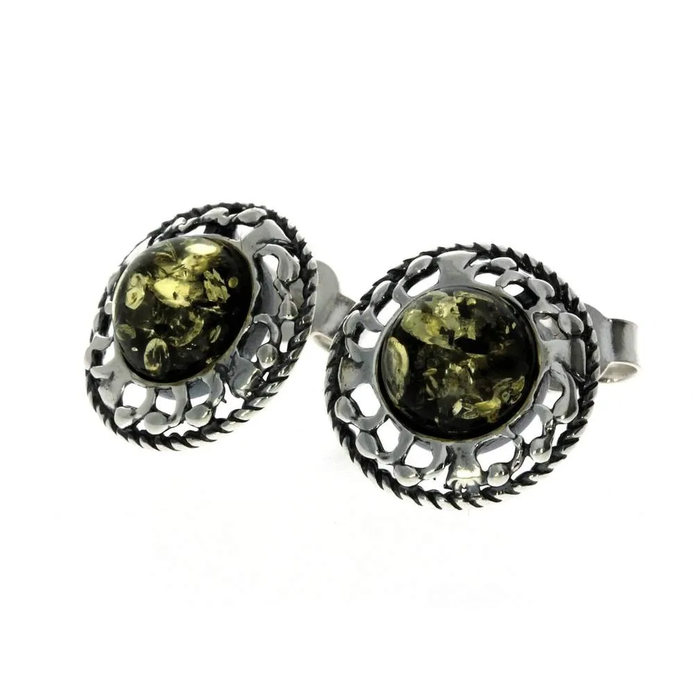 925 Sterling Silver & Genuine Baltic Amber Classic Round Studs Earrings - 8438