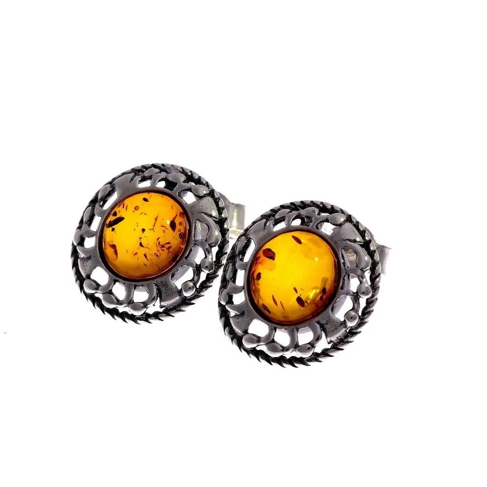 925 Sterling Silver & Genuine Baltic Amber Classic Round Studs Earrings - 8438