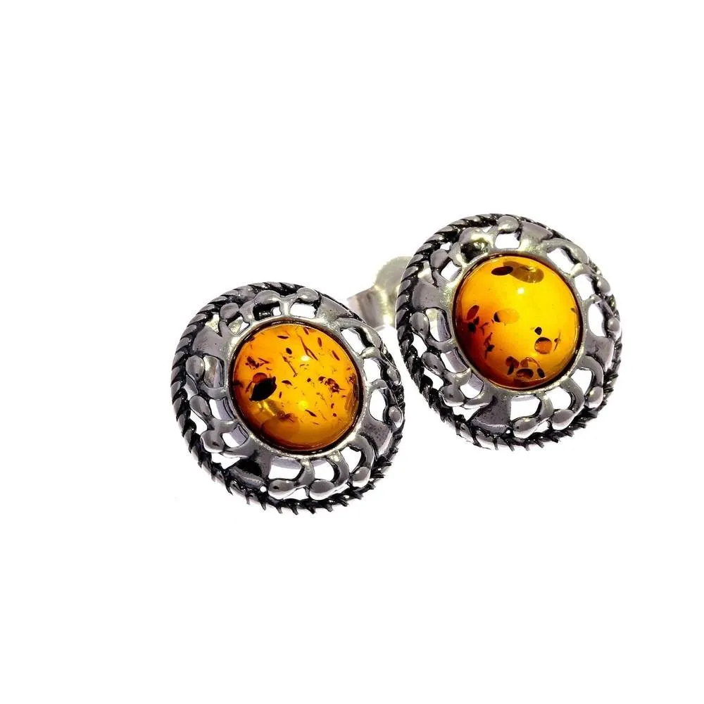 925 Sterling Silver & Genuine Baltic Amber Classic Round Studs Earrings - 8438