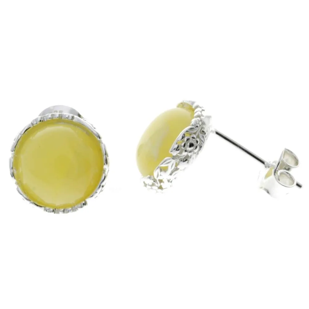 925 Sterling Silver & Genuine Baltic Amber Classic Round Studs Earrings - M649