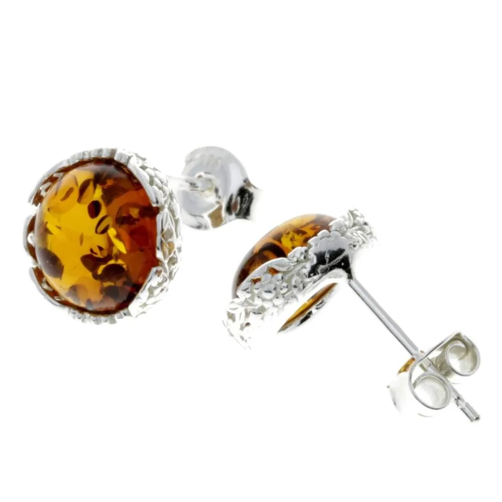 925 Sterling Silver & Genuine Baltic Amber Classic Round Studs Earrings - M649