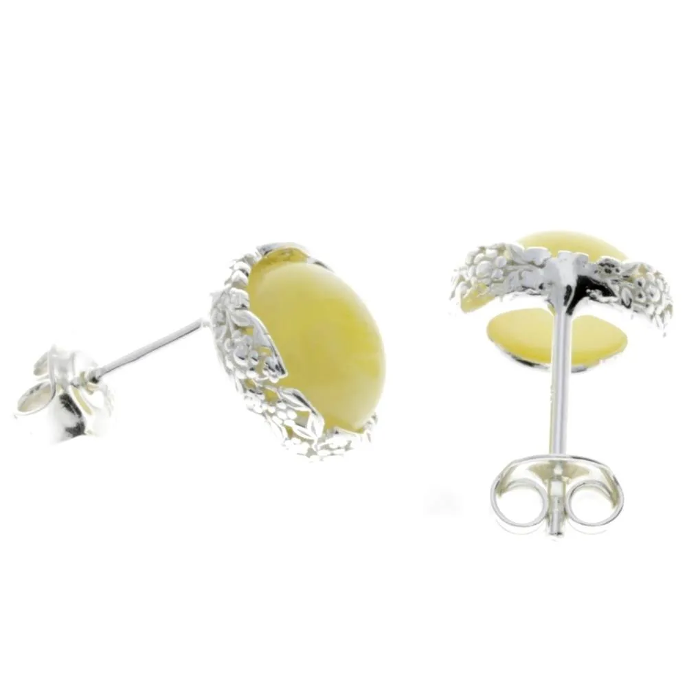 925 Sterling Silver & Genuine Baltic Amber Classic Round Studs Earrings - M649