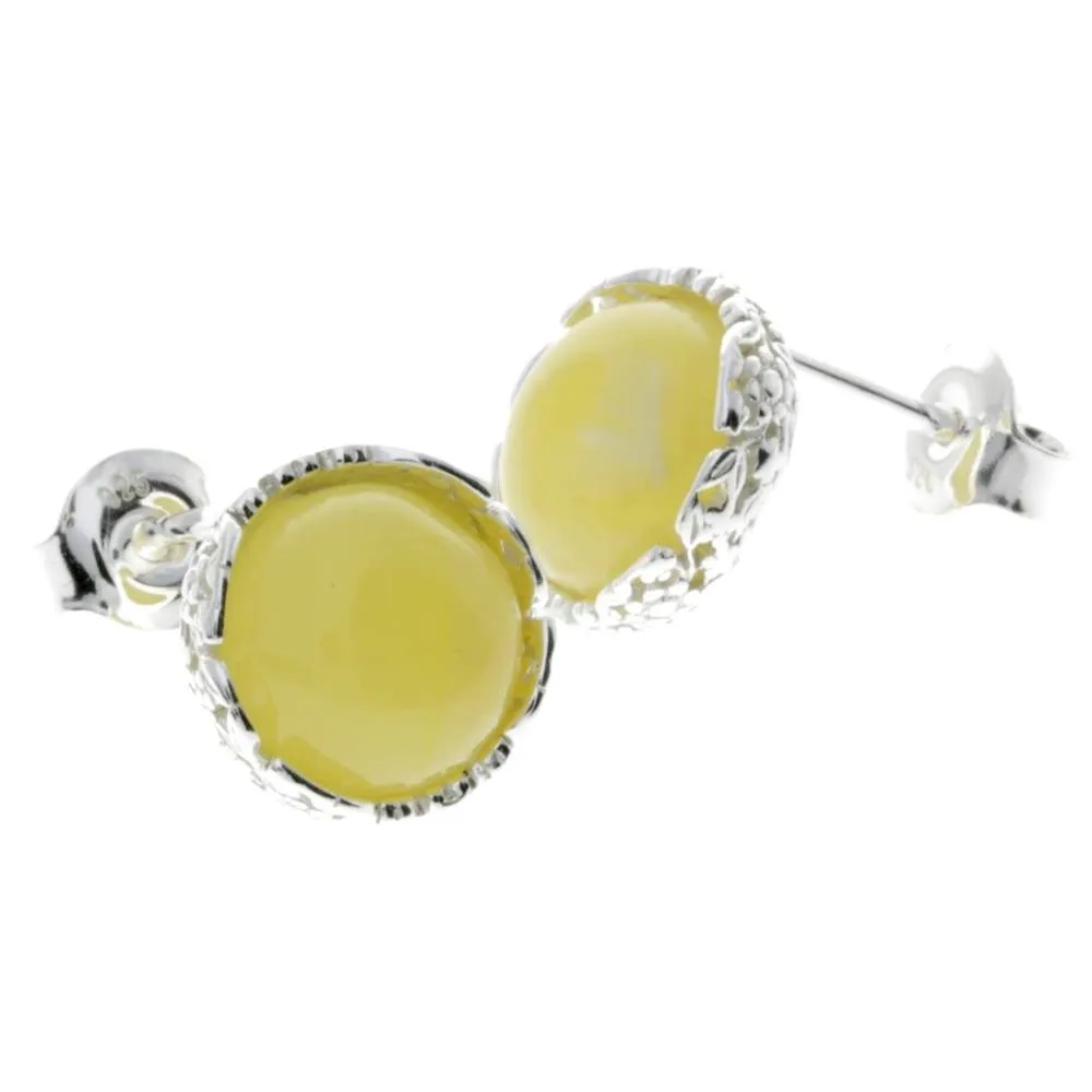 925 Sterling Silver & Genuine Baltic Amber Classic Round Studs Earrings - M649