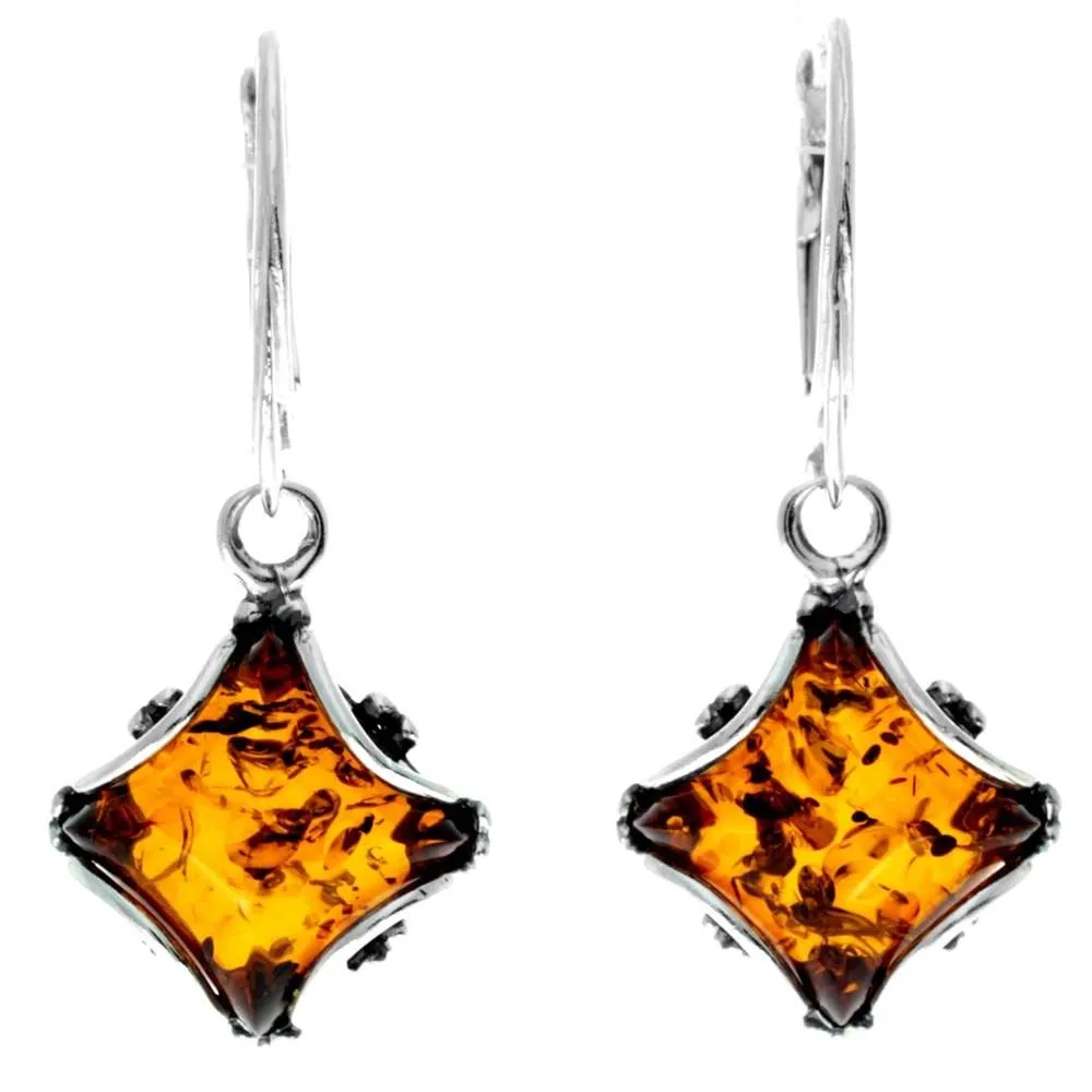 925 Sterling Silver & Genuine Baltic Amber Classic Square Dangling Earrings - 5431