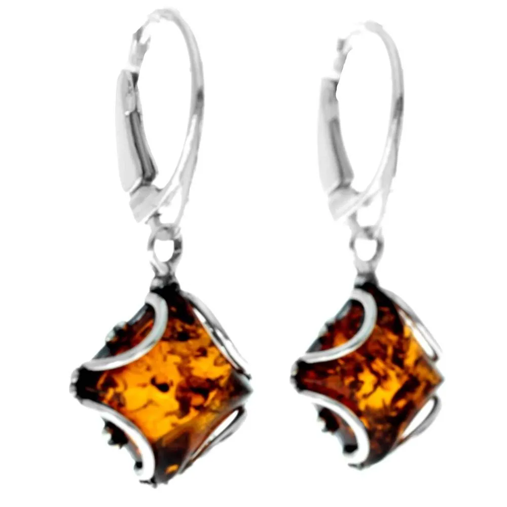 925 Sterling Silver & Genuine Baltic Amber Classic Square Dangling Earrings - 5431