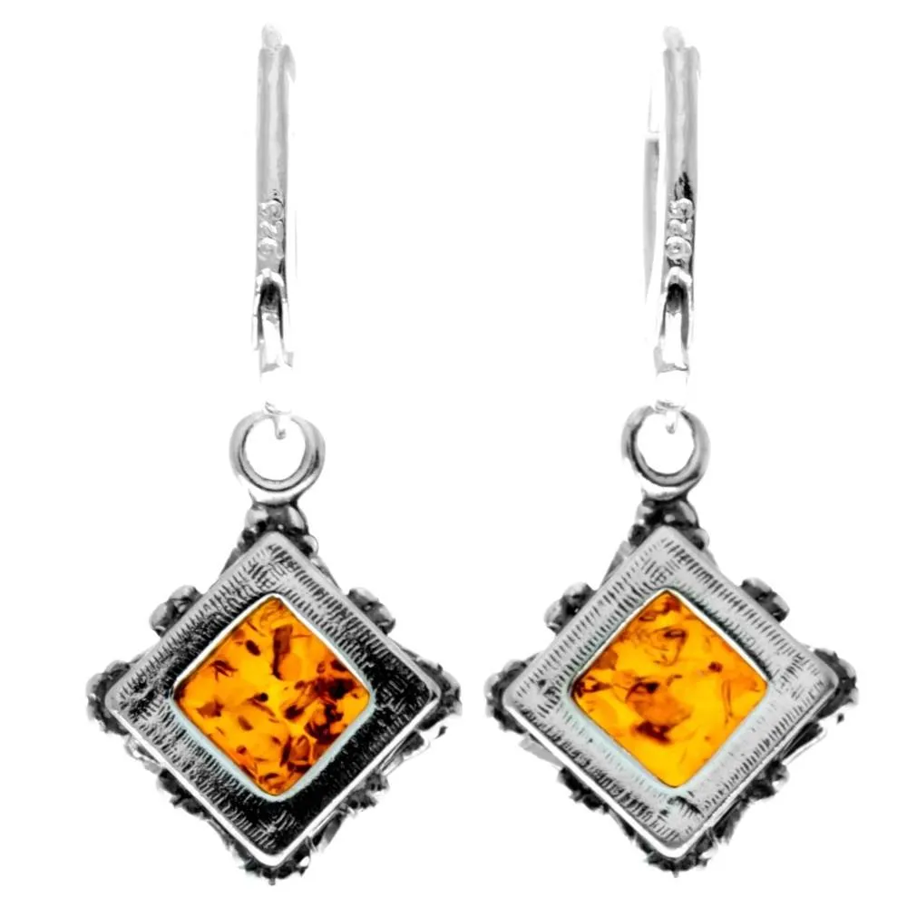 925 Sterling Silver & Genuine Baltic Amber Classic Square Dangling Earrings - 5431