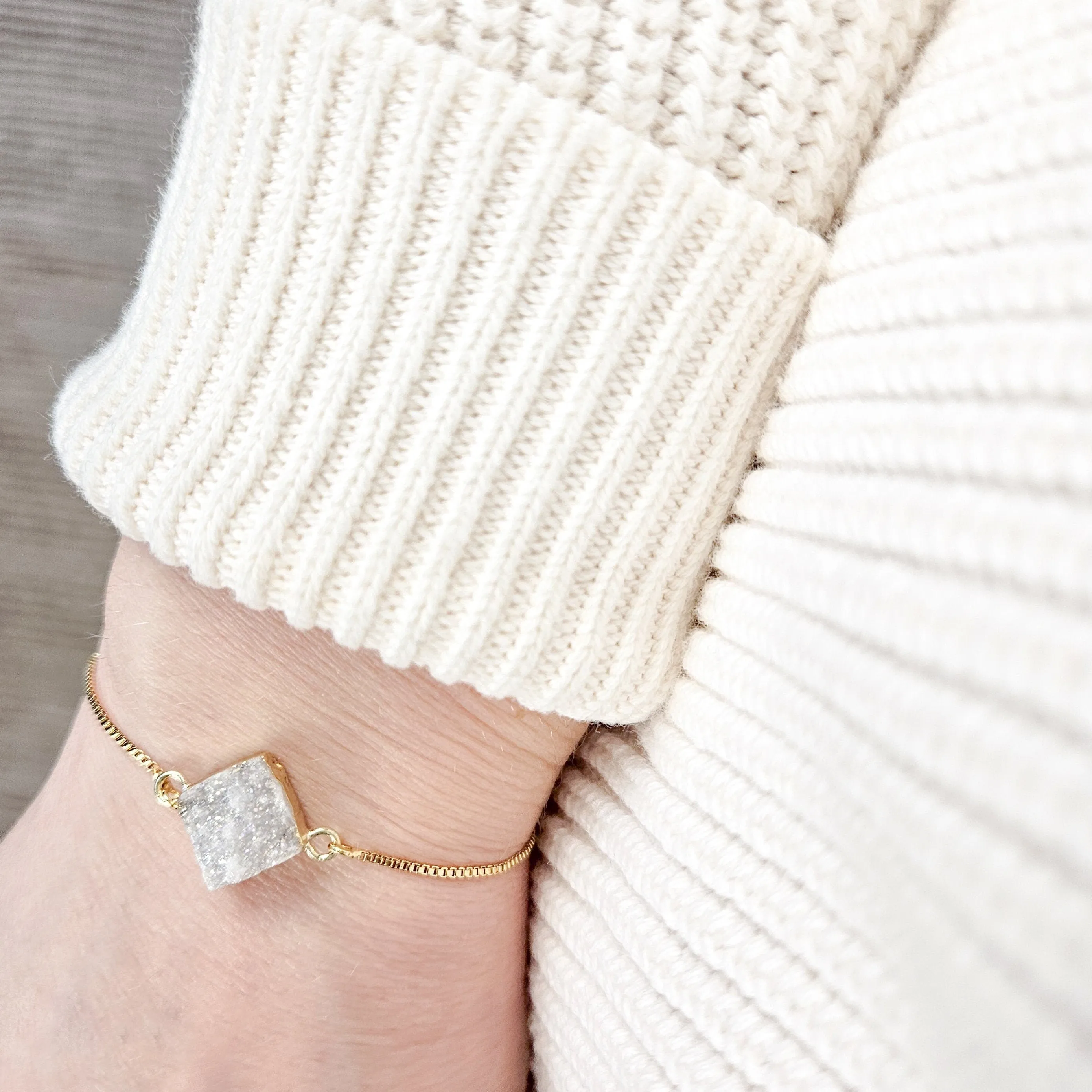 Adjustable Clear Druzy Quartz Crystal Bracelet