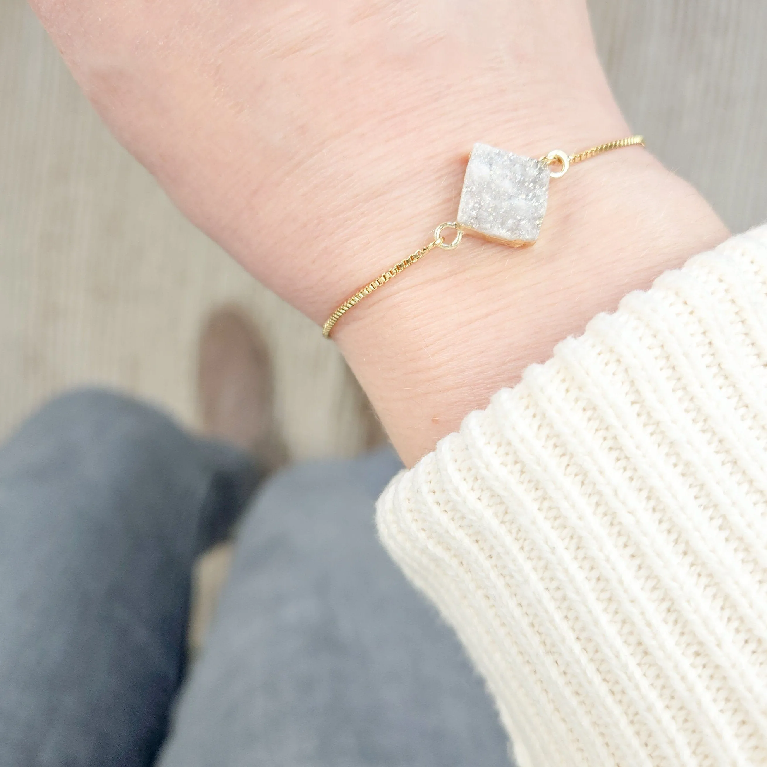 Adjustable Clear Druzy Quartz Crystal Bracelet