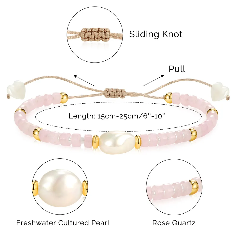 Adjustable Healing Crystal Bracelet Natural Rose Quartz Gemstones Beads with Irregular Pearl