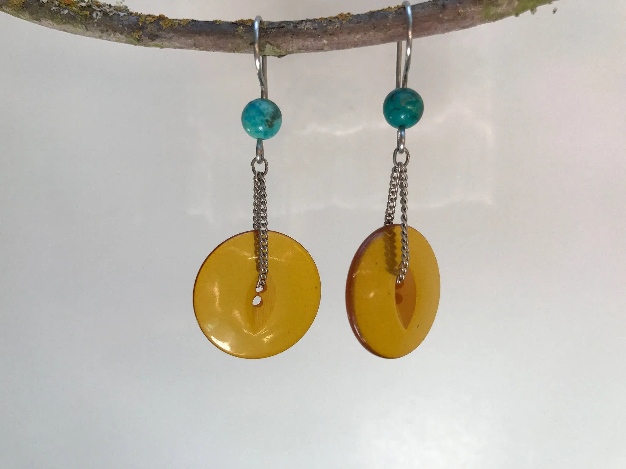 Amber Bakelite Button Earrings, Vintage Buttons, Turquoise Beads, Silver Chain, Hand Made French Hook Ear Wires, Dangle Drop Earrings BTE350