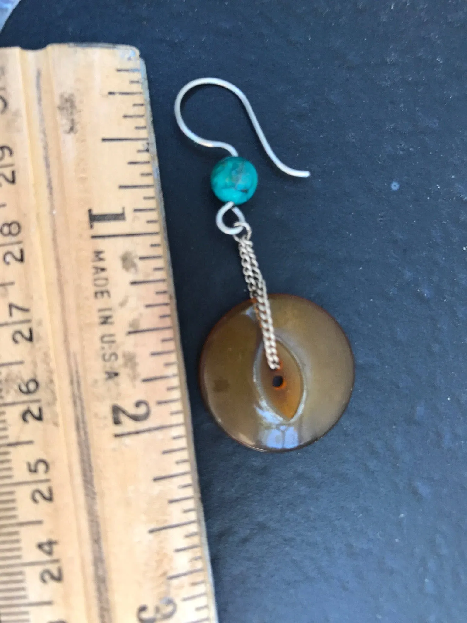 Amber Bakelite Button Earrings, Vintage Buttons, Turquoise Beads, Silver Chain, Hand Made French Hook Ear Wires, Dangle Drop Earrings BTE350