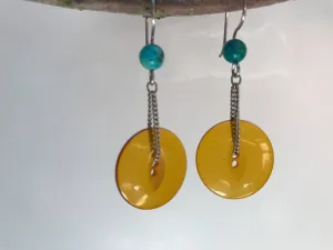 Amber Bakelite Button Earrings, Vintage Buttons, Turquoise Beads, Silver Chain, Hand Made French Hook Ear Wires, Dangle Drop Earrings BTE350