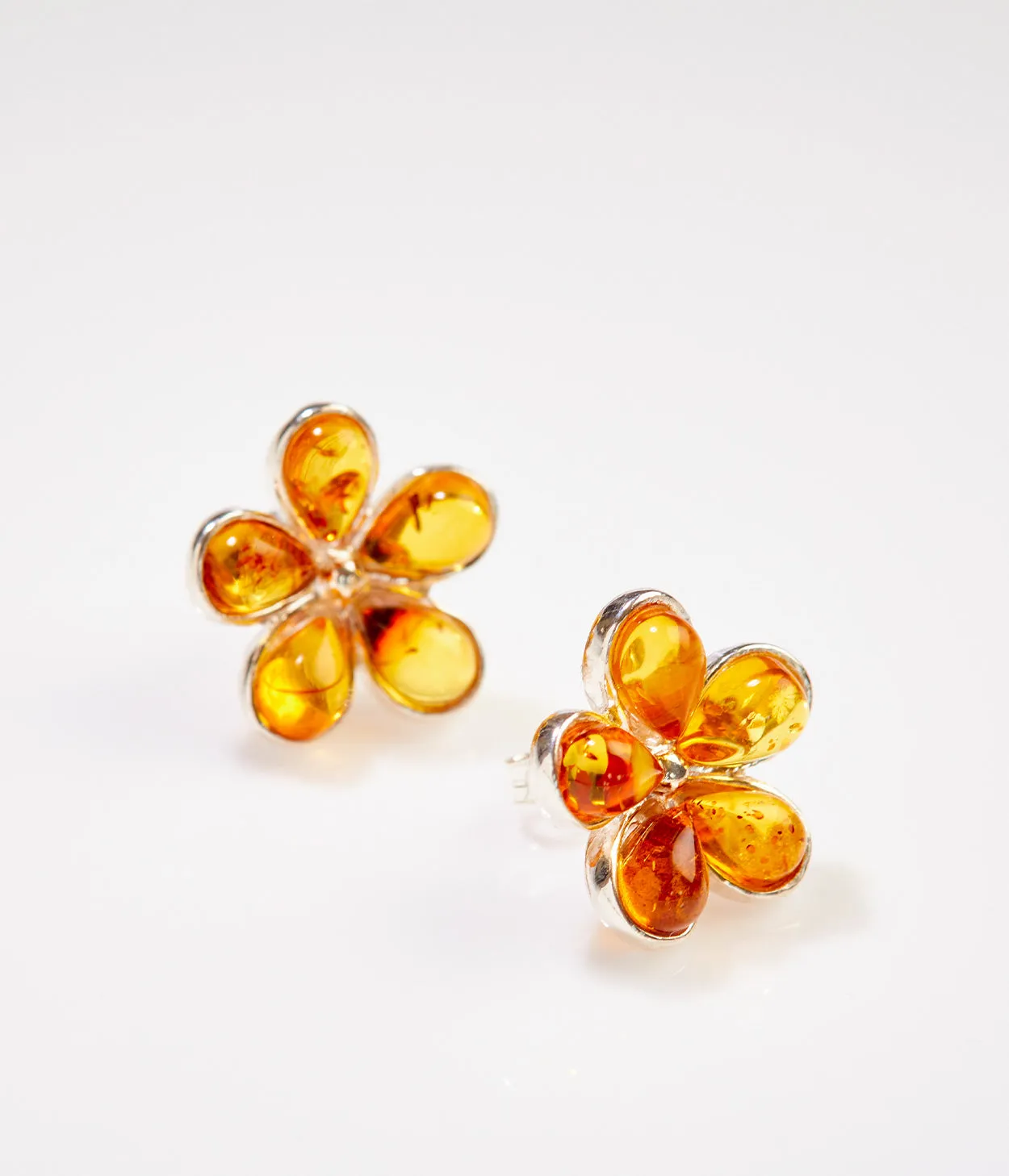 Amber Daisy Stud Earrings - Handcrafted Sterling Silver with Baltic Amber | Elegant Flower Design, Lightweight & Durable