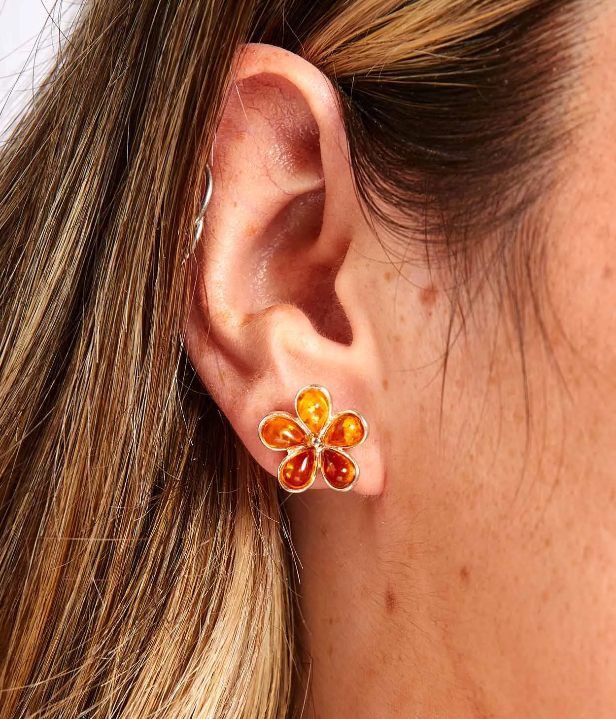 Amber Daisy Stud Earrings - Handcrafted Sterling Silver with Baltic Amber | Elegant Flower Design, Lightweight & Durable