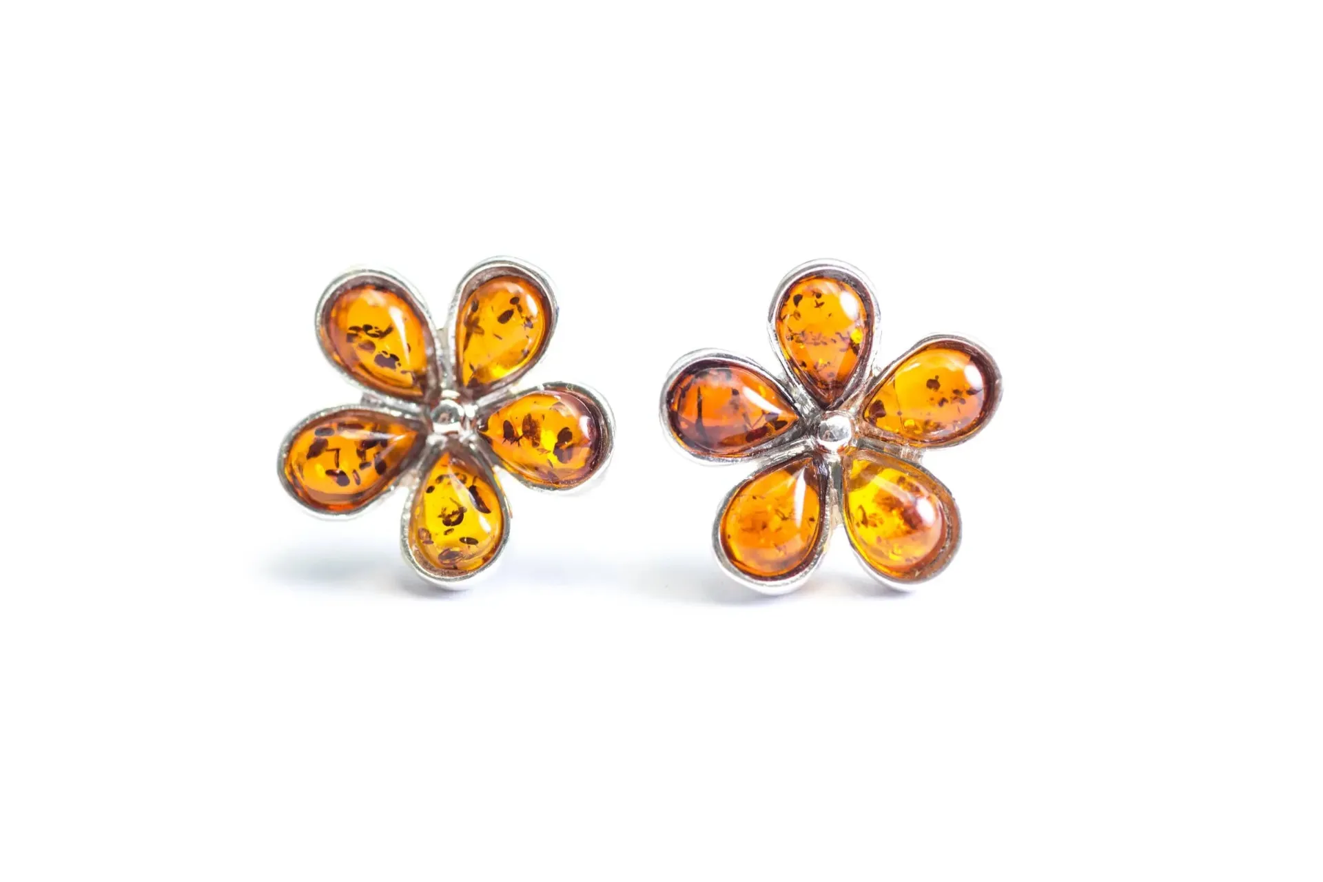 Amber Daisy Stud Earrings - Handcrafted Sterling Silver with Baltic Amber | Elegant Flower Design, Lightweight & Durable