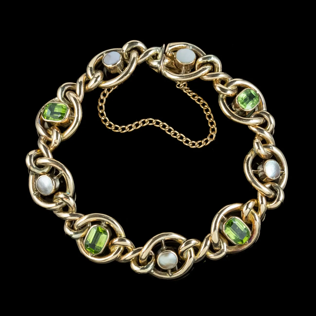 Antique Edwardian Peridot Pearl Curb Bracelet 9ct Gold