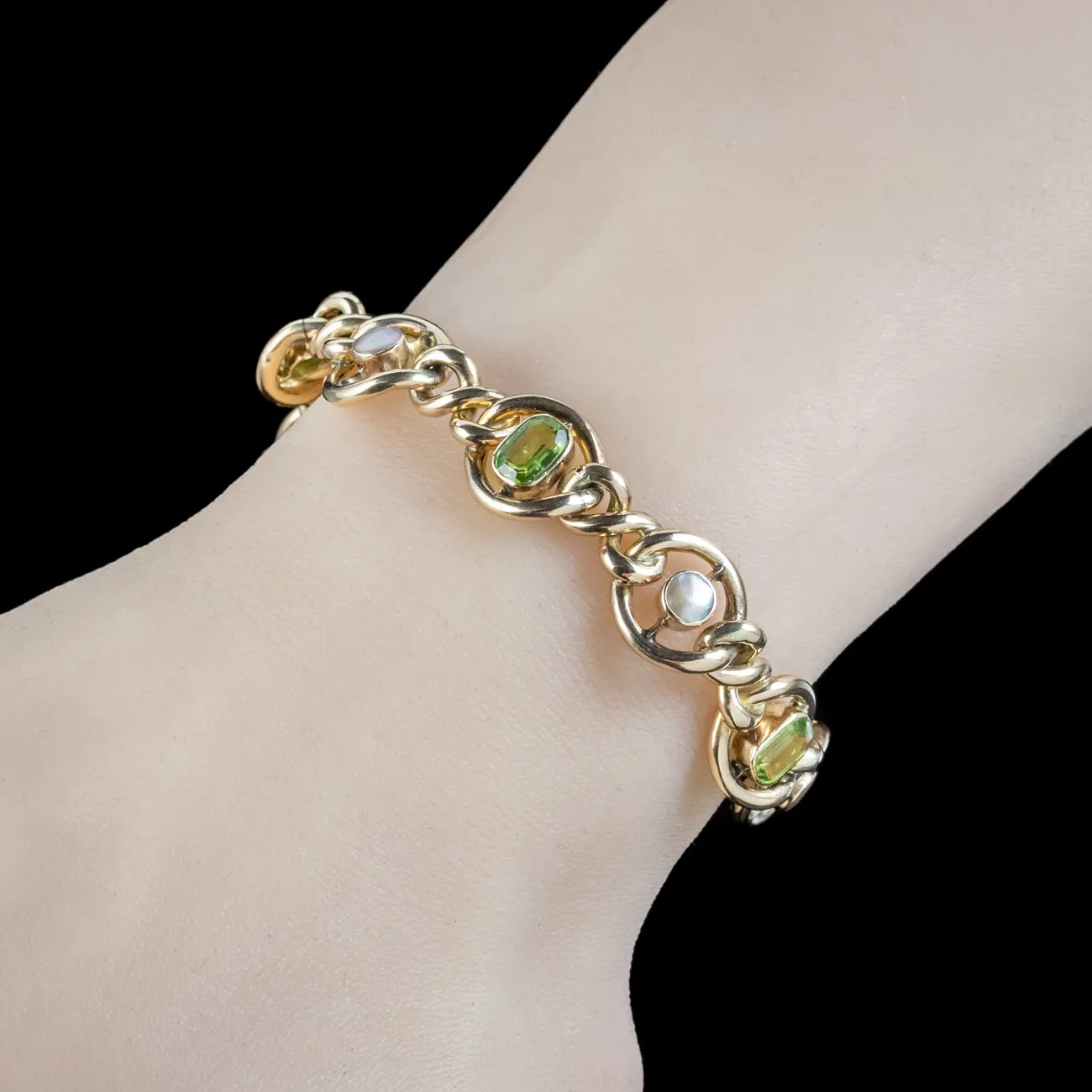 Antique Edwardian Peridot Pearl Curb Bracelet 9ct Gold