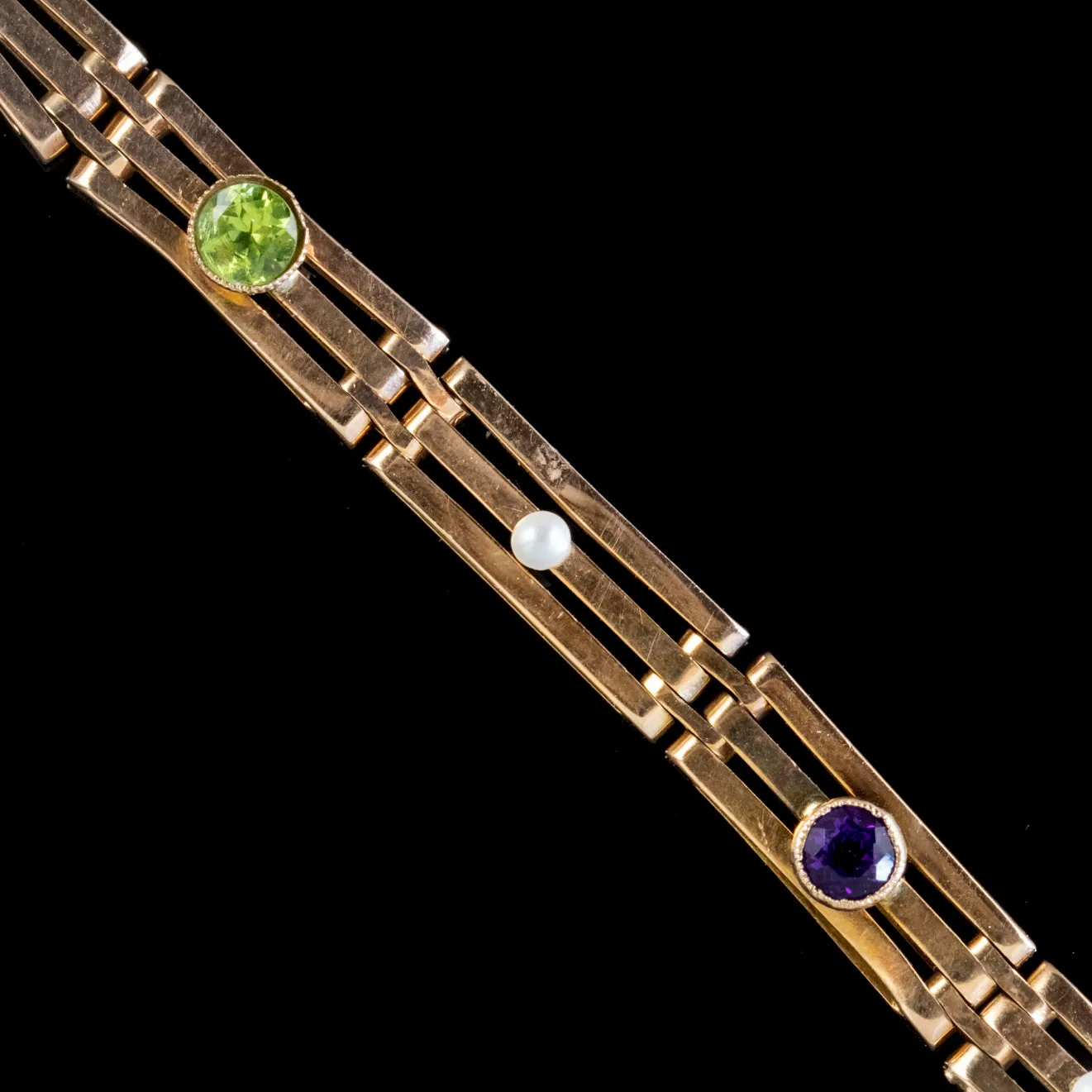 Antique Suffragette Gate Bracelet 9Ct Gold Peridot Amethyst Pearl Circa 1910