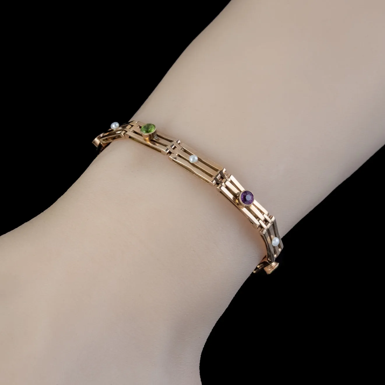 Antique Suffragette Gate Bracelet 9Ct Gold Peridot Amethyst Pearl Circa 1910