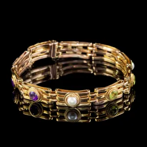 Antique Suffragette Gate Bracelet Peridot Pearl Amethyst 9Ct Gold Circa 1915