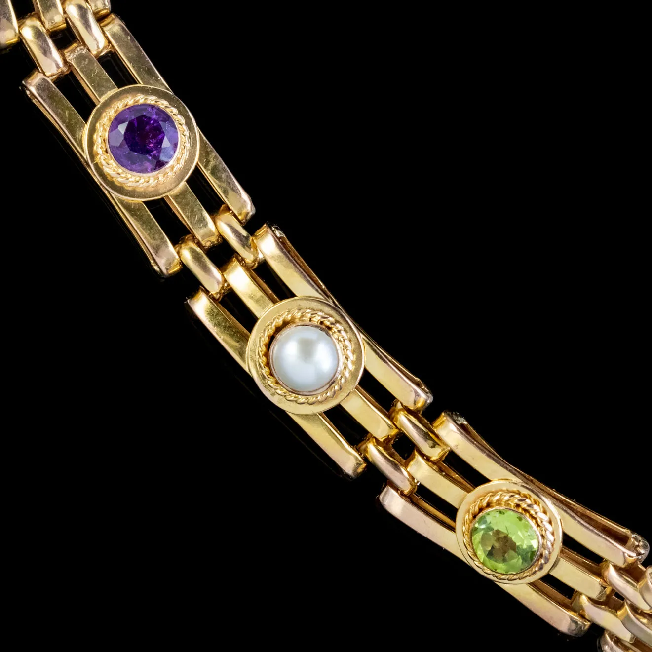 Antique Suffragette Gate Bracelet Peridot Pearl Amethyst 9Ct Gold Circa 1915