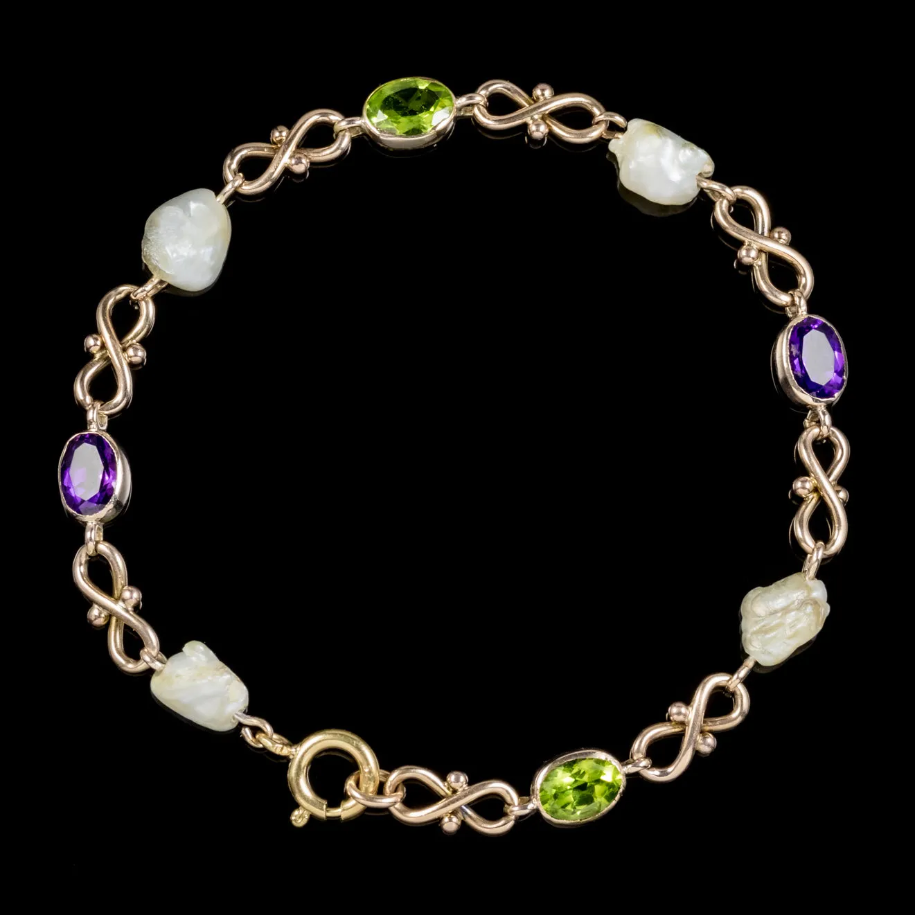 Antique Victorian Suffragette Bracelet Peridot Amethyst Baroque Pearl Circa 1900