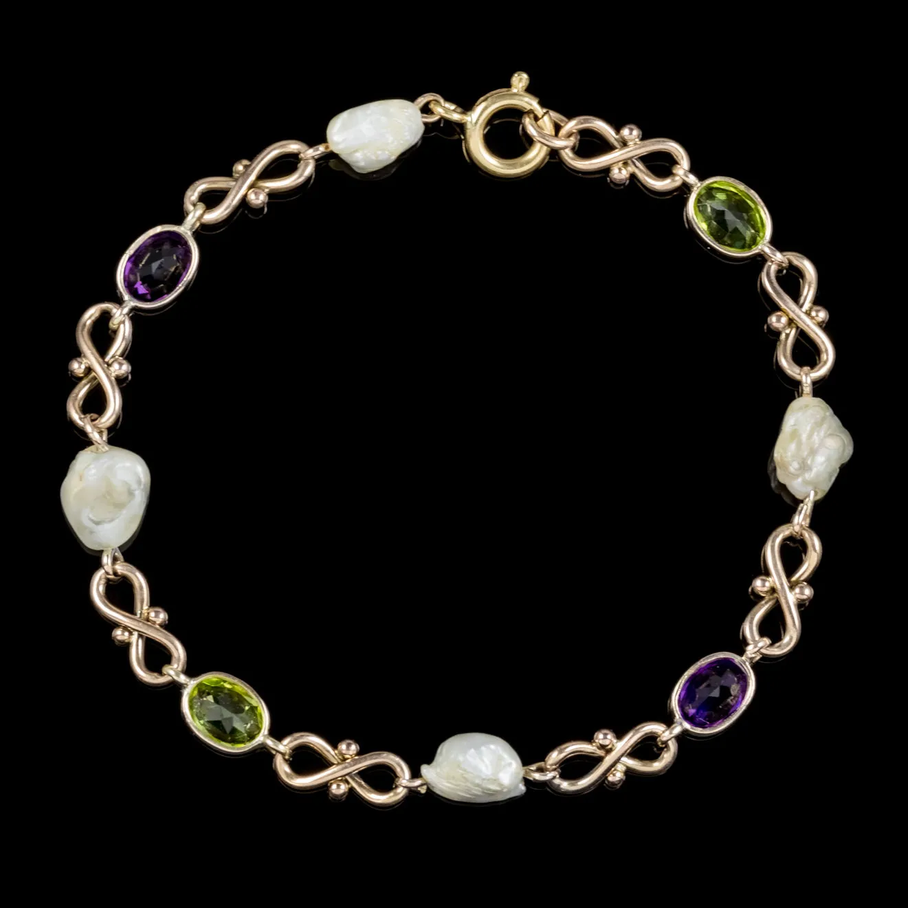 Antique Victorian Suffragette Bracelet Peridot Amethyst Baroque Pearl Circa 1900