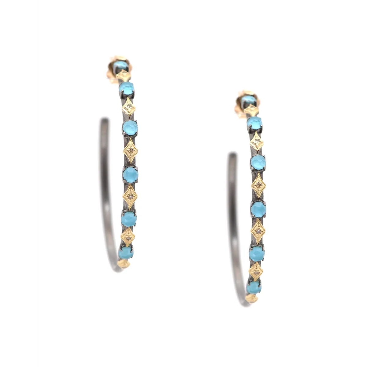 Armenta 18K Yellow Gold and Blackened Sterling Silver 35mm Old World Crivelli Hoop Earrings with Champagne Diamonds, Quartz and Turquoise Doublets