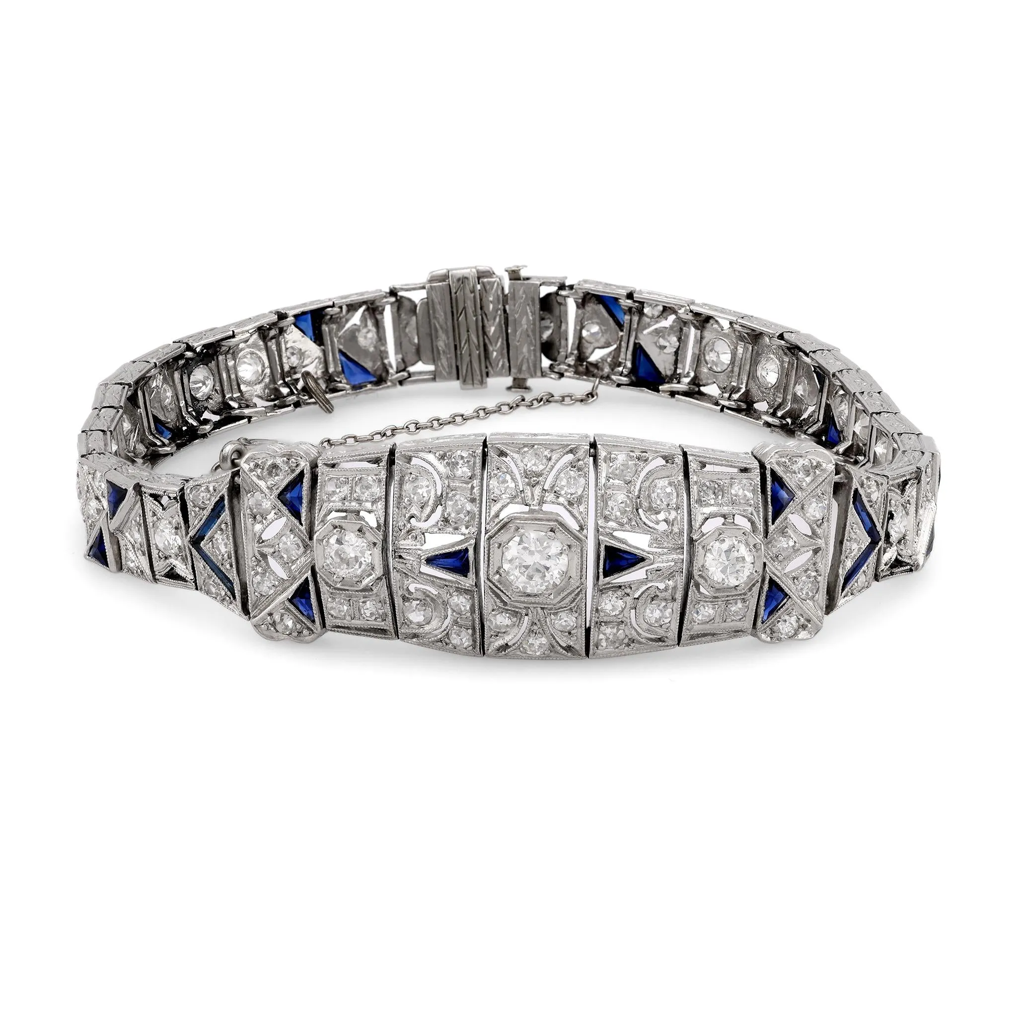 Art Deco 3.50 Carat Total Diamond Weight Diamond Sapphire Platinum Bracelet