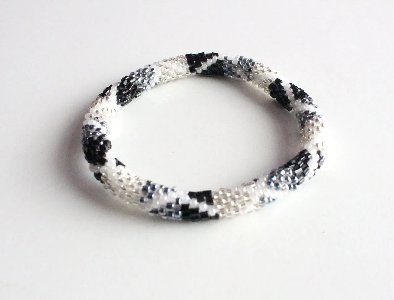 Black & White Hand Crocheted Roll On Beads Bracelet