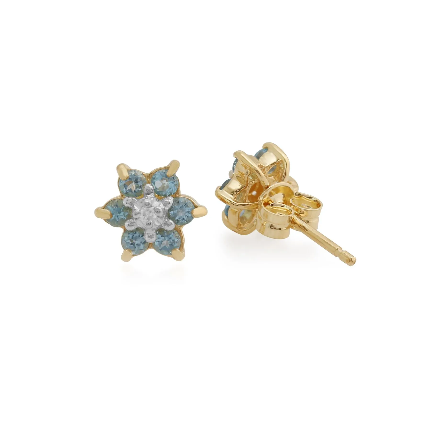 Blauer Topas Ohrstecker 9 Karat Gelbgold 0,34 CT Blue Topas & Diamant Blumenmuster Cluster-Ohrringe