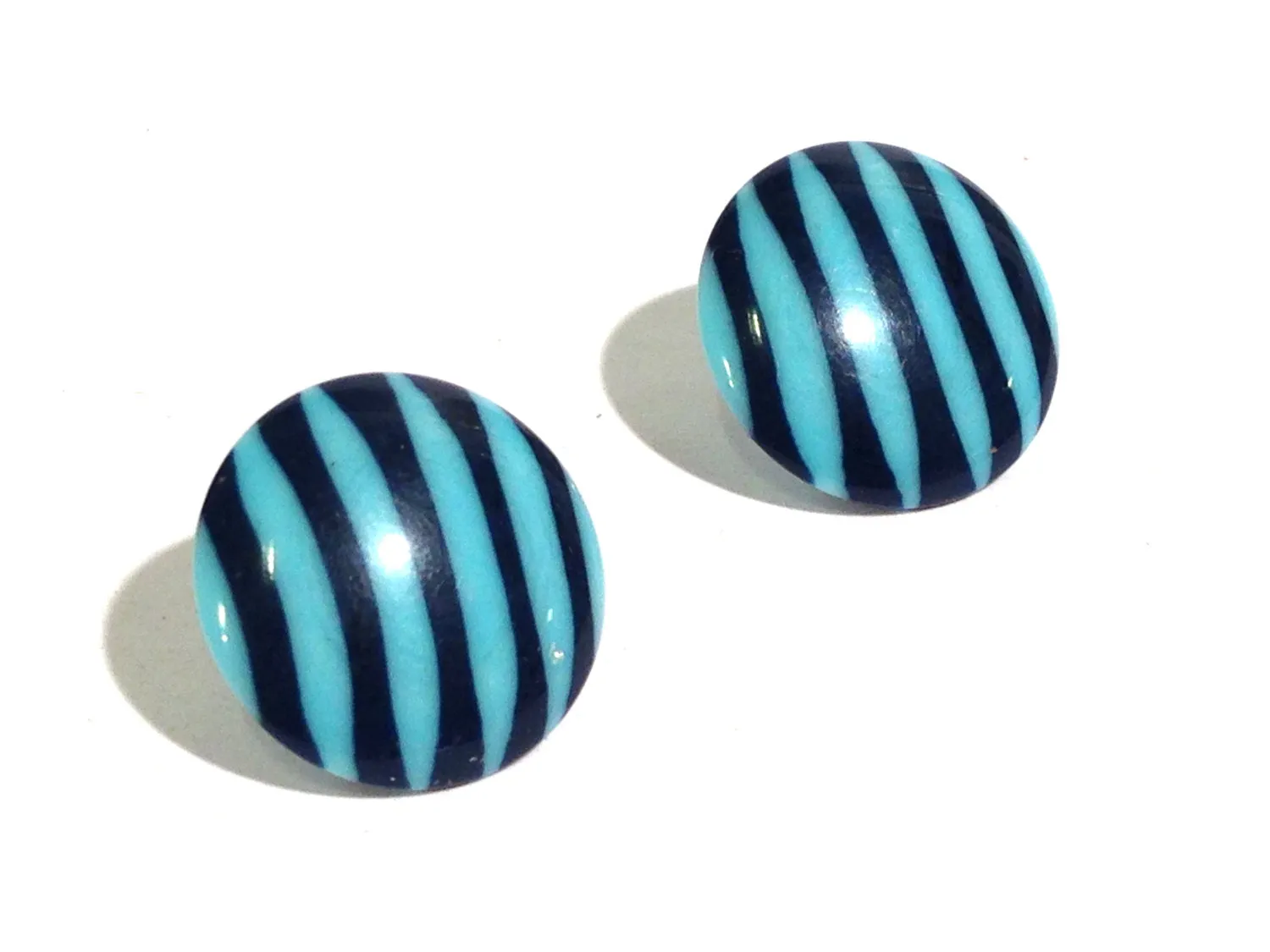 Blue & Turquoise Pin Stripe Disc Stud Earrings