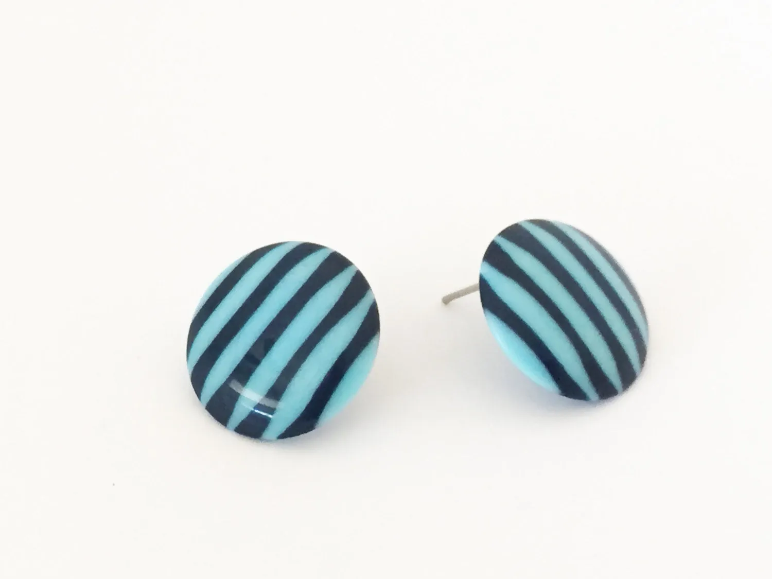 Blue & Turquoise Pin Stripe Disc Stud Earrings