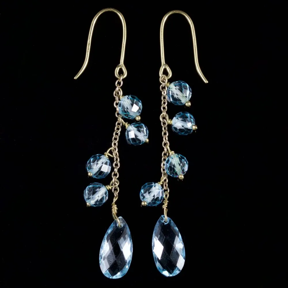 Blue Topaz Long Earrings 9Ct Gold Briolette Cut Topaz