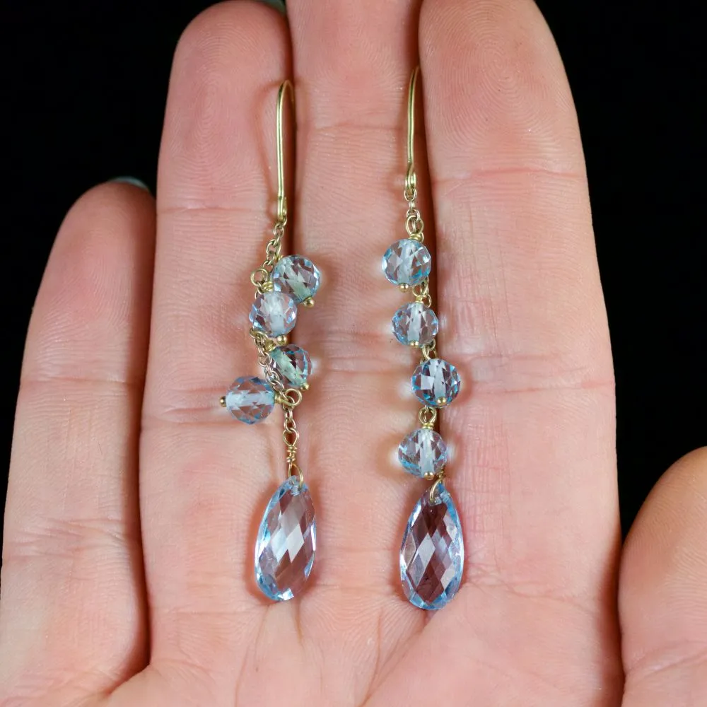 Blue Topaz Long Earrings 9Ct Gold Briolette Cut Topaz