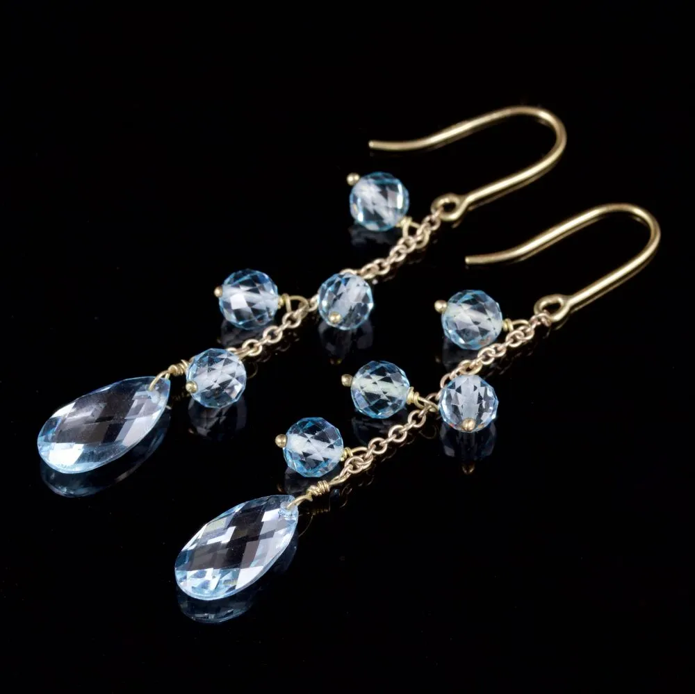 Blue Topaz Long Earrings 9Ct Gold Briolette Cut Topaz