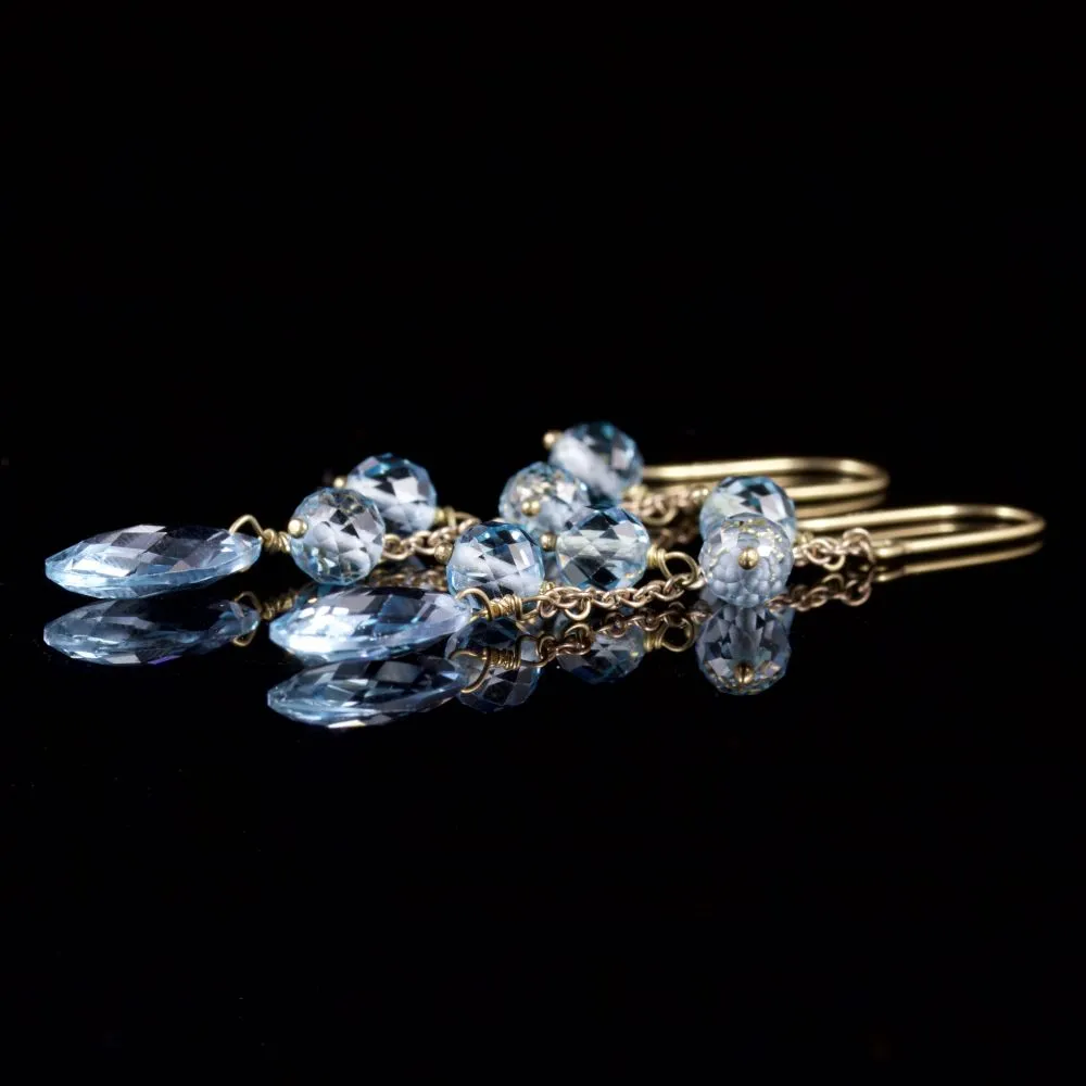 Blue Topaz Long Earrings 9Ct Gold Briolette Cut Topaz