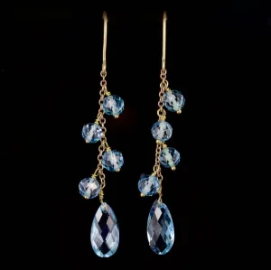 Blue Topaz Long Earrings 9Ct Gold Briolette Cut Topaz