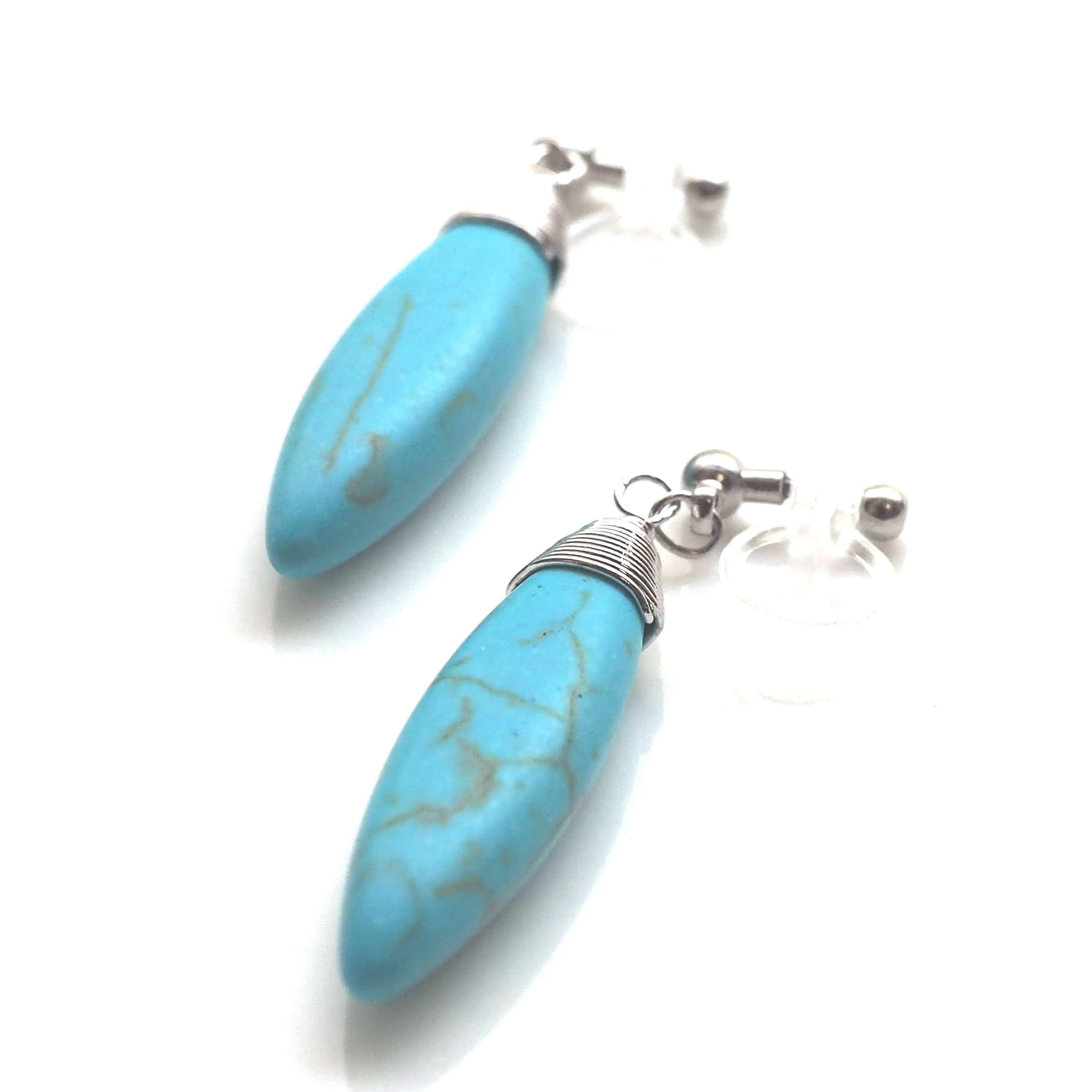 Blue turquoise bar invisible clip on earrings