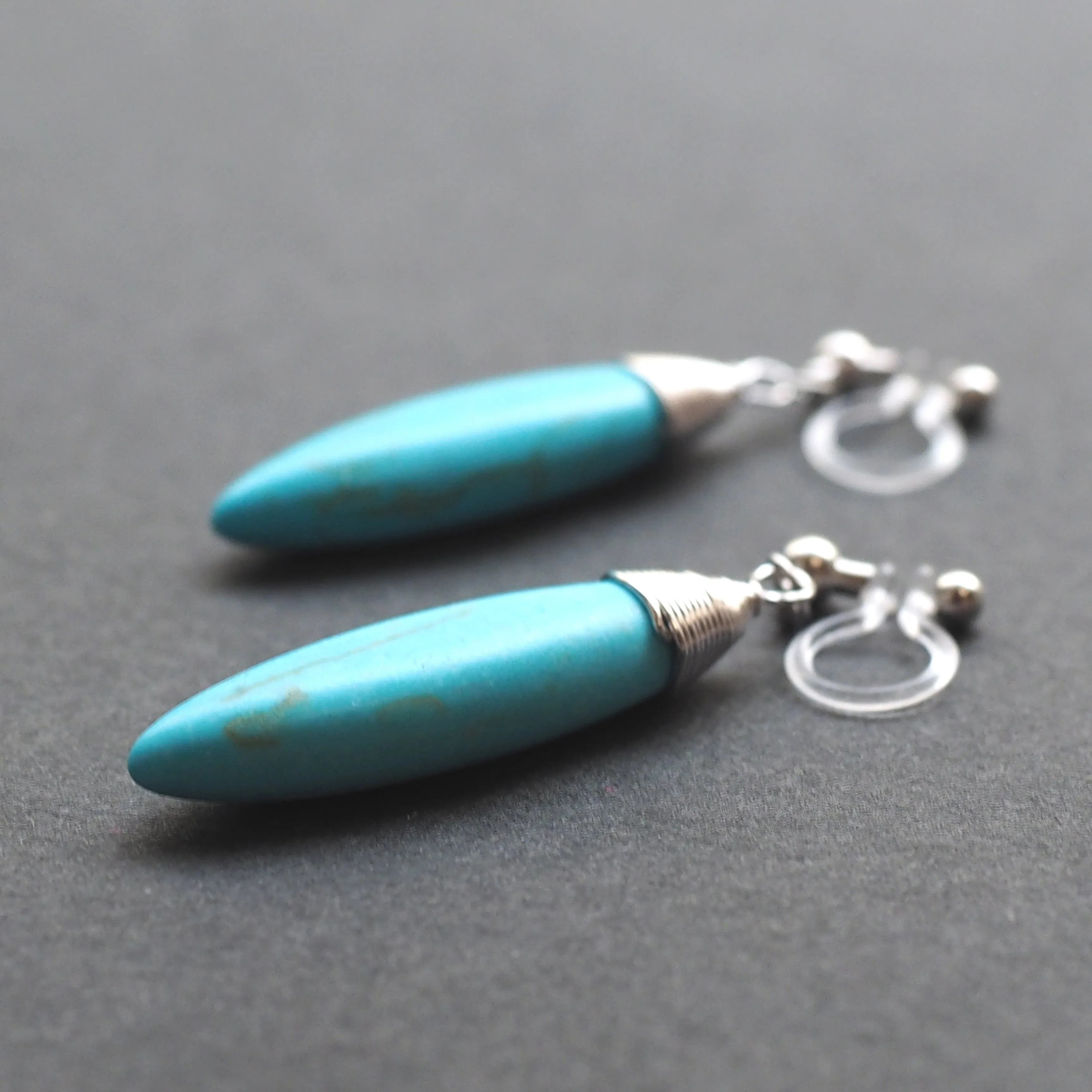 Blue turquoise bar invisible clip on earrings