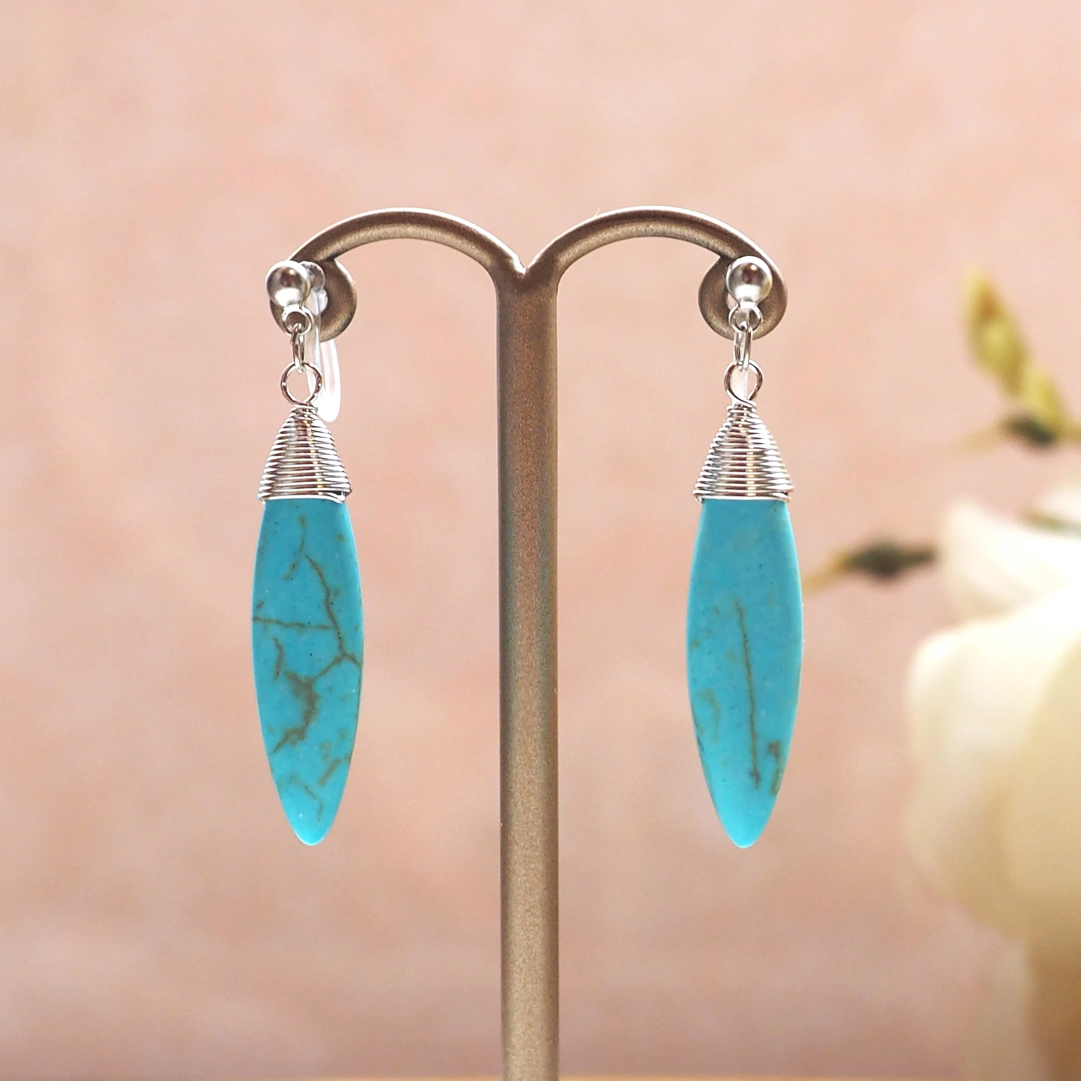 Blue turquoise bar invisible clip on earrings